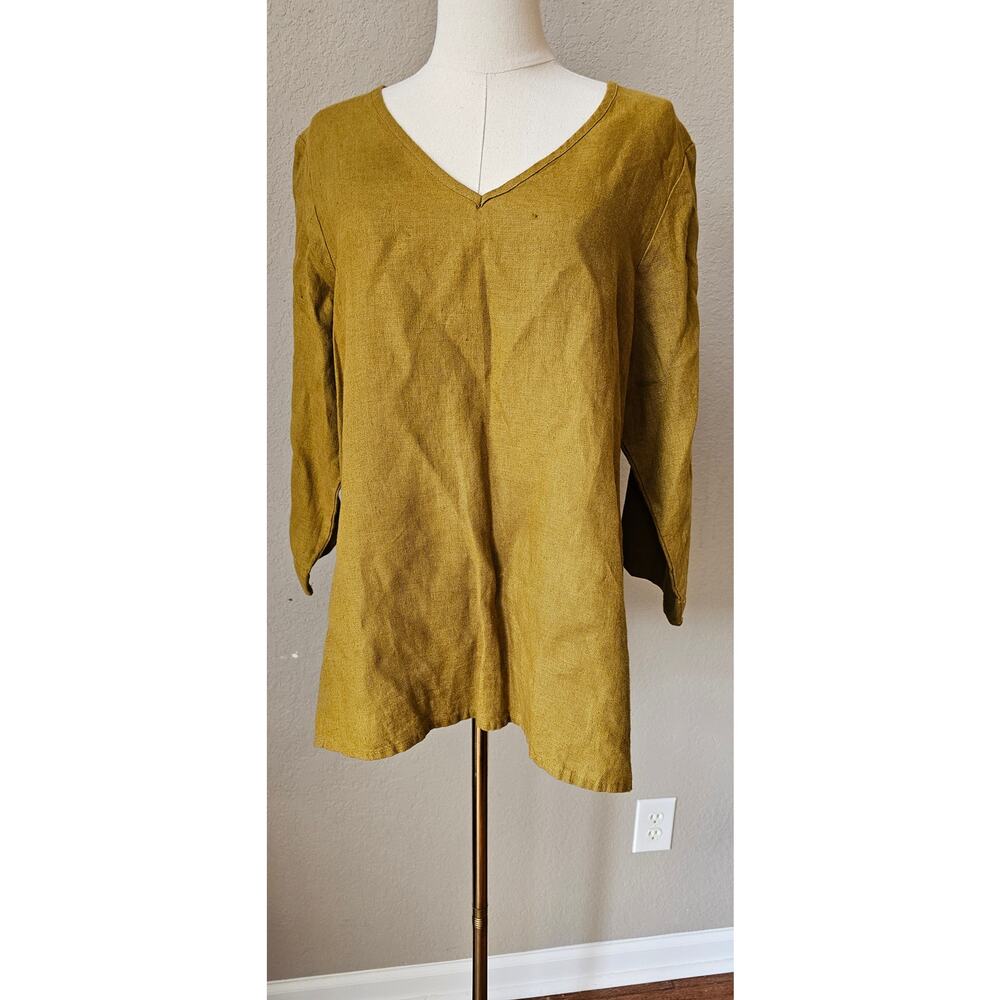 FLAX Chartruese Mustard Brown Linen Lagenlook V Neck Long Sleeve Tunic Top Small